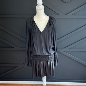 Ramy Brook Black Marina Dress, V-neck Tiered Skirt, Size Medium, Black Pullover